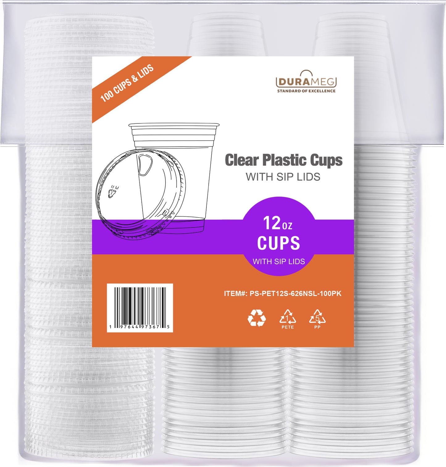 Large Party Plastic Cups with Strawless Sip Lids 12 oz 100 Count - Crystal Clear Disposable Party Cups