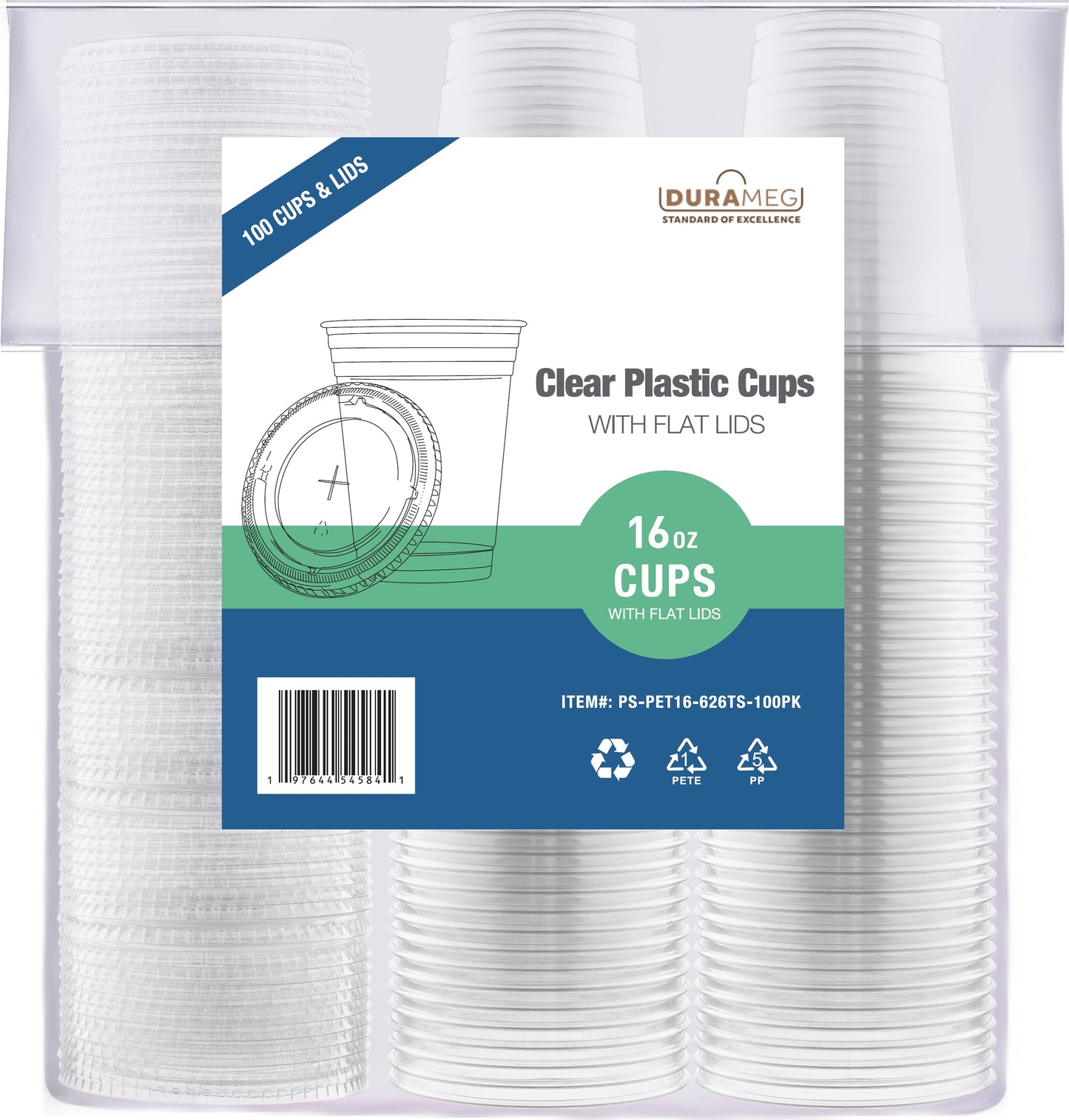 Large Party Plastic Cups with Straw-Slot Flat Lids 16 oz 100 Count - Crystal Clear Disposable Party Cups