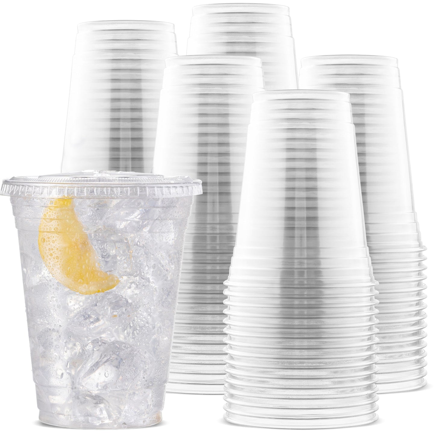 Large Party Plastic Cups with Straw-Slot Flat Lids 16 oz 100 Count - Crystal Clear Disposable Party Cups