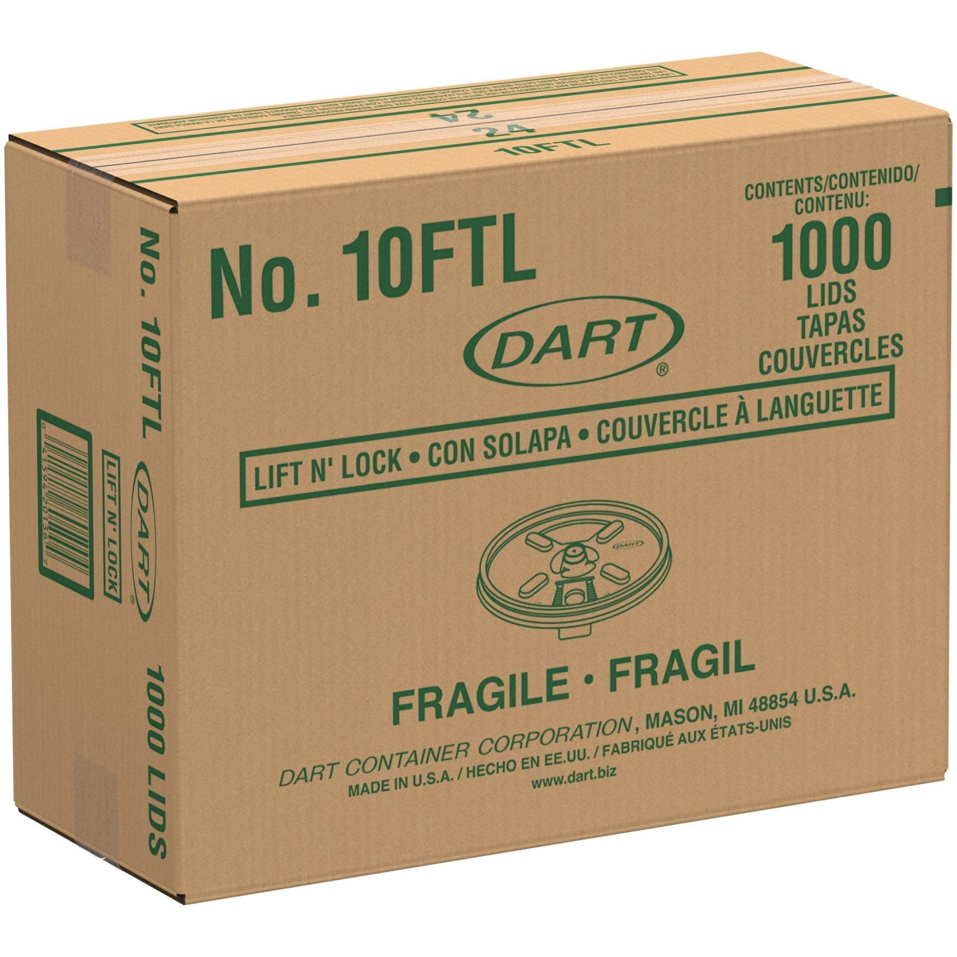 Dart Lift ’n’ Lock Lids for 10 oz Foam Cups, 1000 Count – 10FTL – case packaging