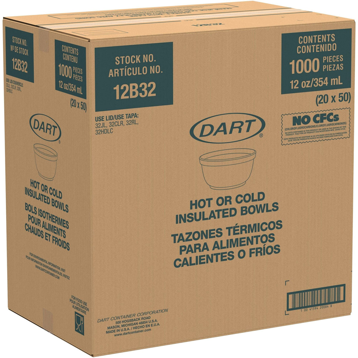 Dart 12 oz White Insulated Foam Food Cups, 1000 Count – 12B32 – case packaging