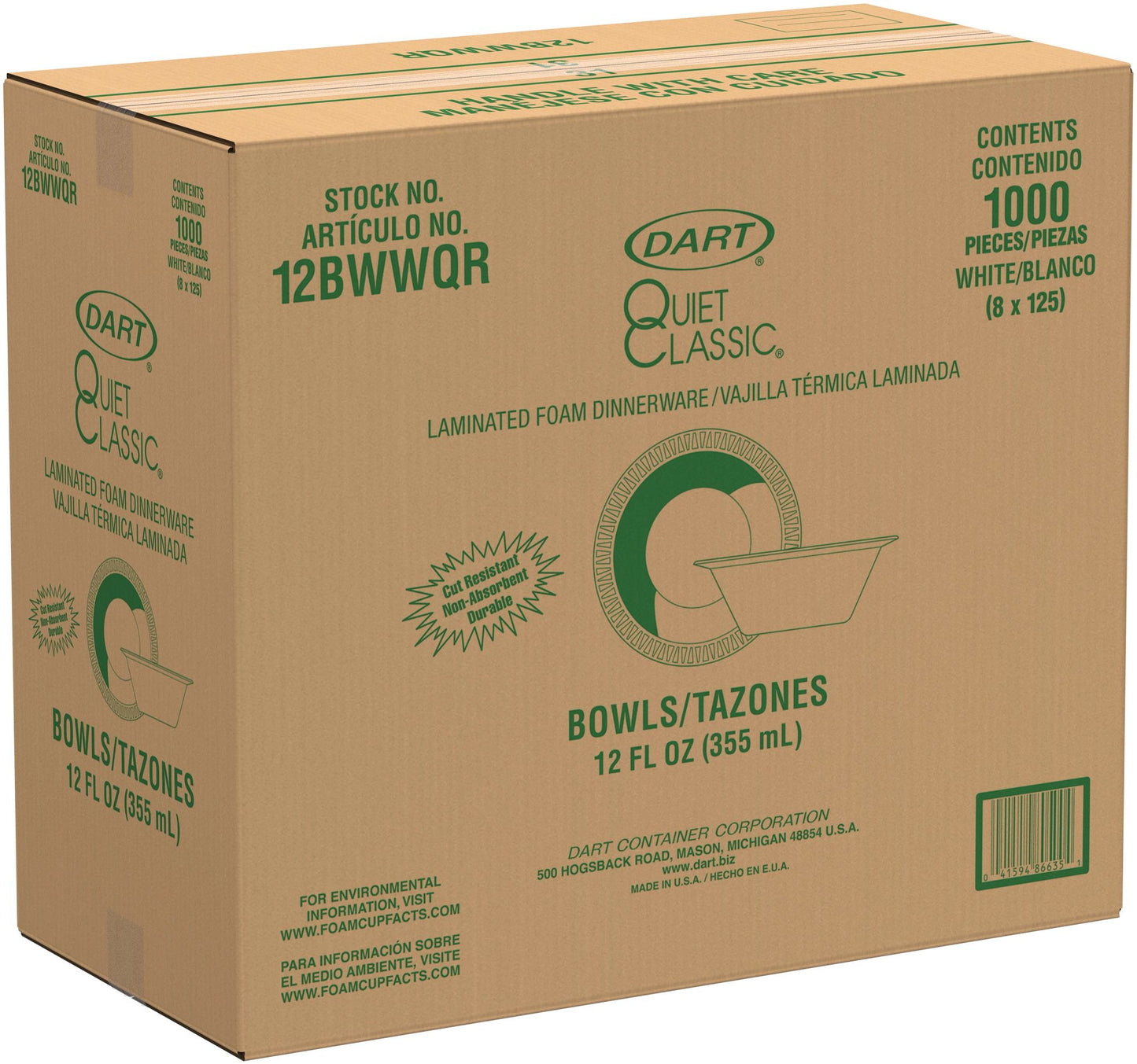 Dart 12 oz White XPS Laminated Foam Bowls, 1,000 Count – 12BWWQR