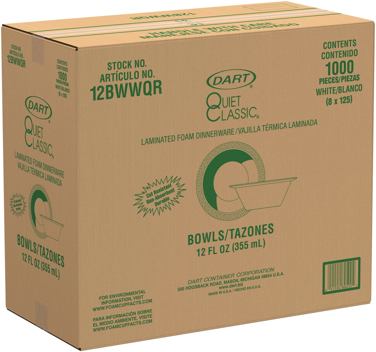 Dart 12 oz White XPS Laminated Foam Bowls, 1,000 Count – 12BWWQR