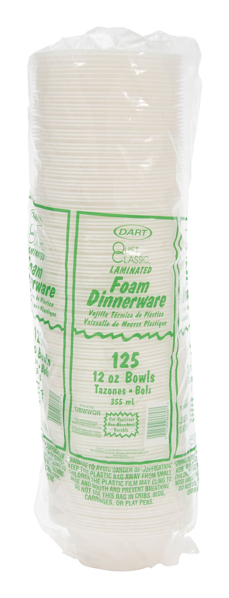 Dart 12 oz White XPS Laminated Foam Bowls, 1,000 Count – 12BWWQR