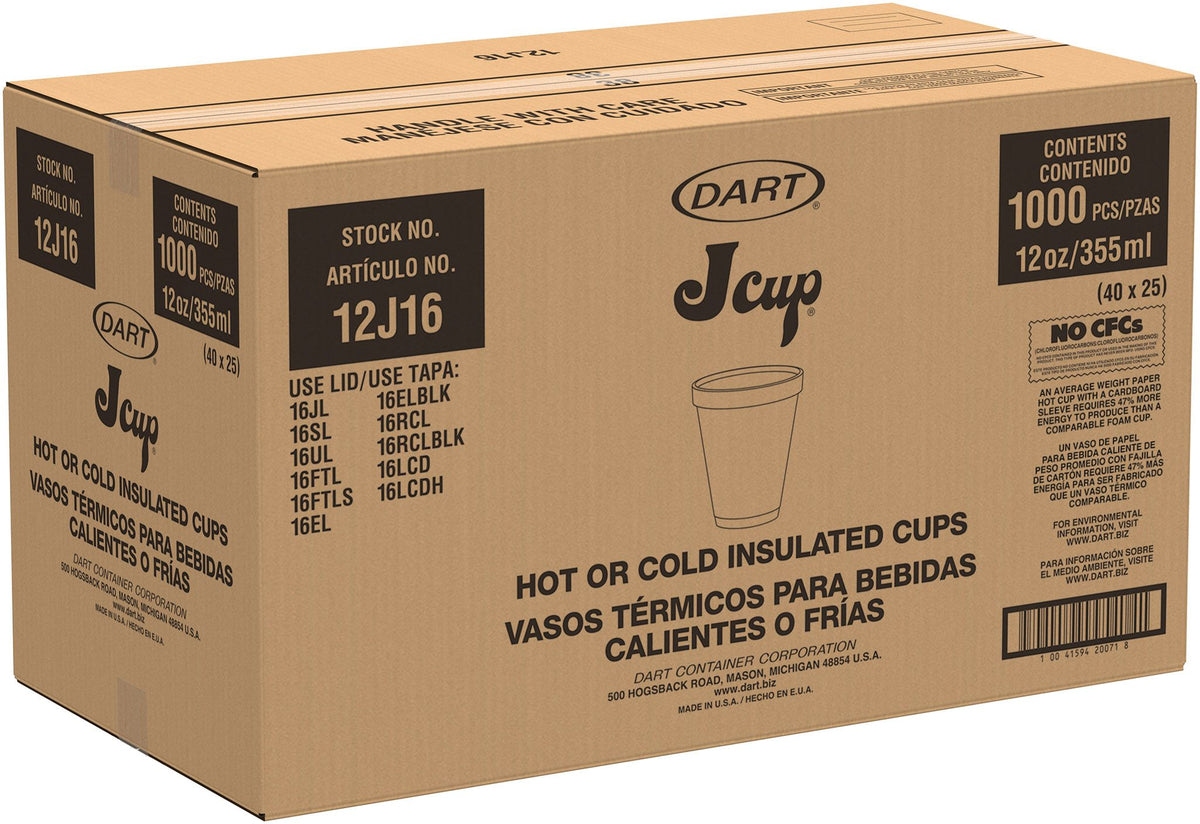 Dart 12 oz White Squat EPS Foam Cups, 1,000 Count – 12J16