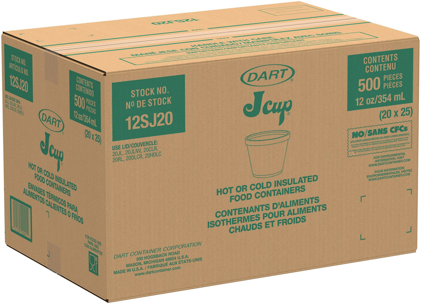 Dart 12 oz White EPS Foam Containers, 500 Count – 12SJ20