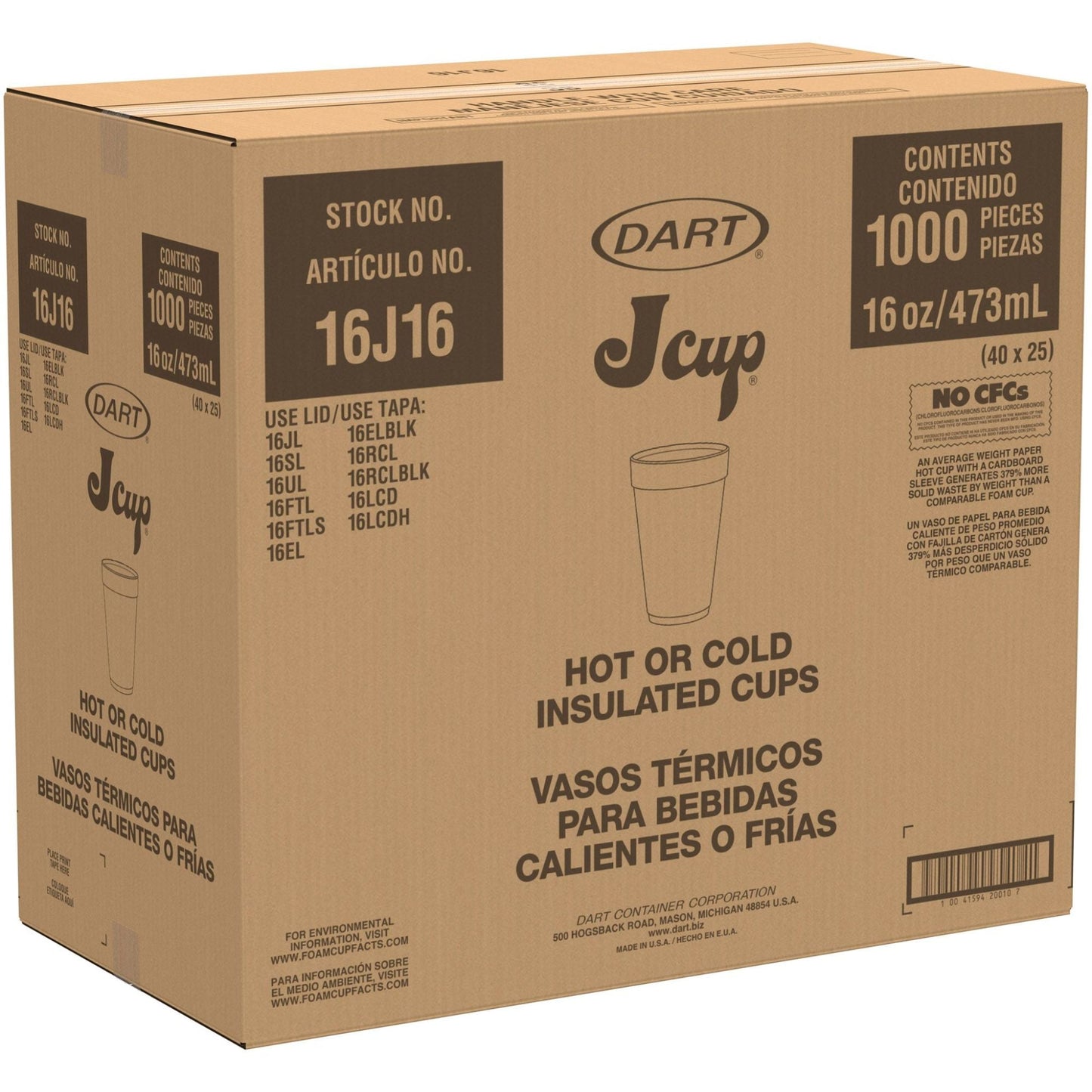 White Insulated Foam Cups 16 oz 1000 Count - Disposable J Cup® | Dart 16J16