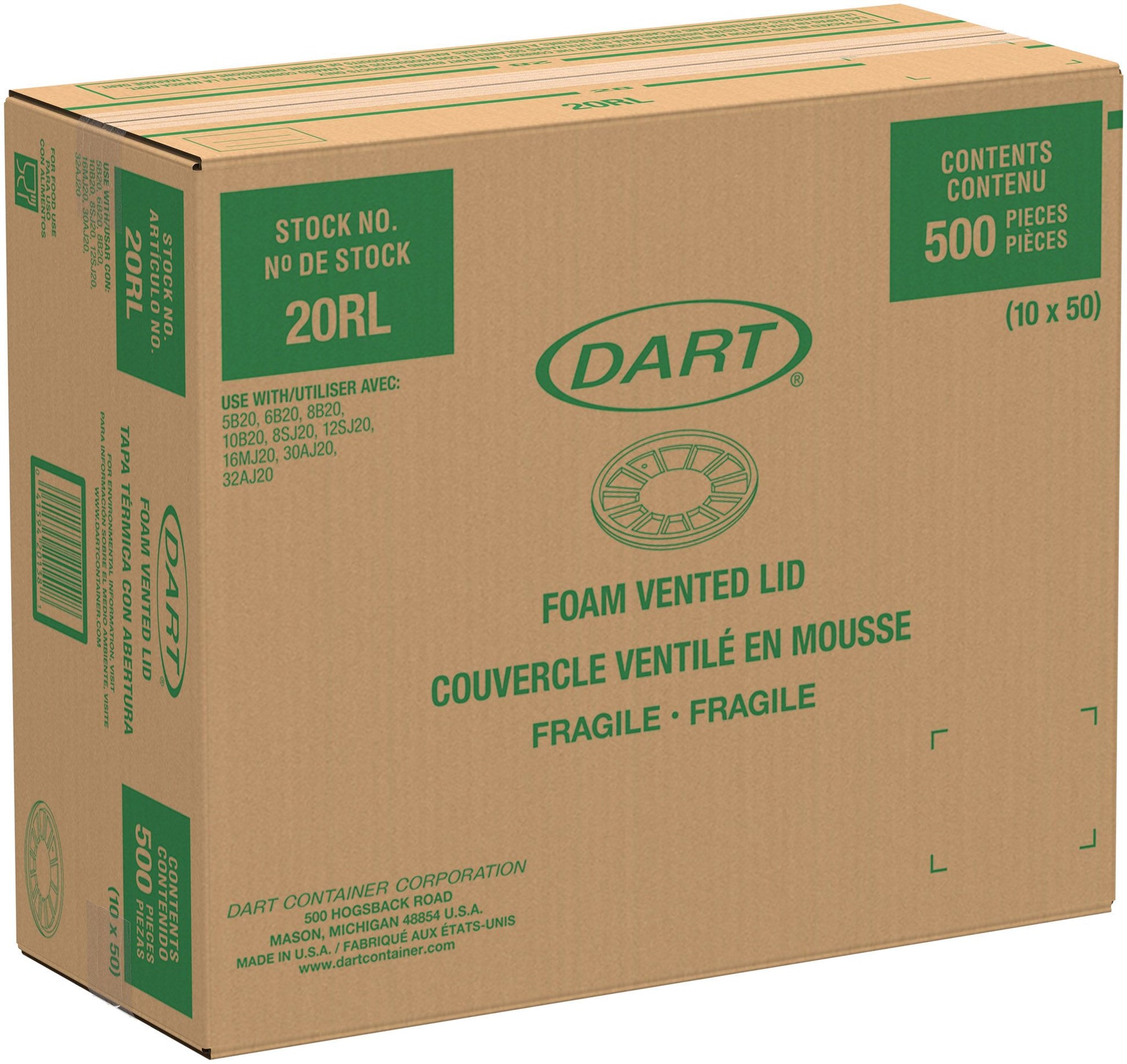 Dart 20 oz White EPS Foam Vented Lids, 500 Count – 20RL