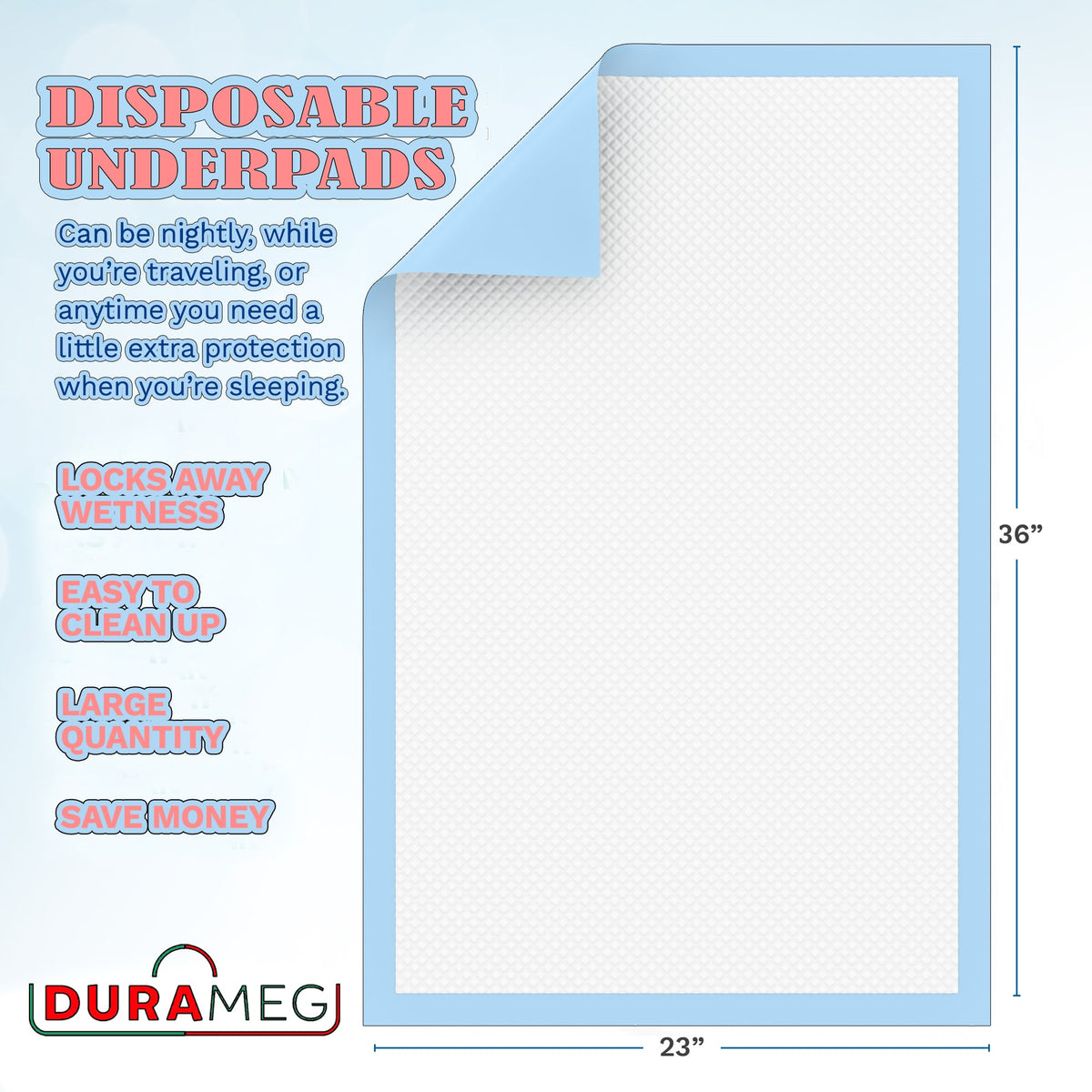 DURAMEG disposable underpad 23x36 dimensions and protective coverage
