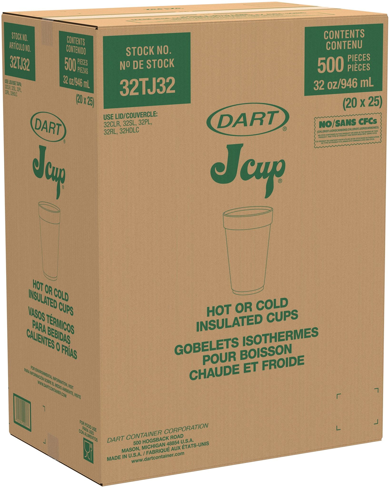 Dart 32 oz White EPS Foam Cups, 500 Count – 32TJ32