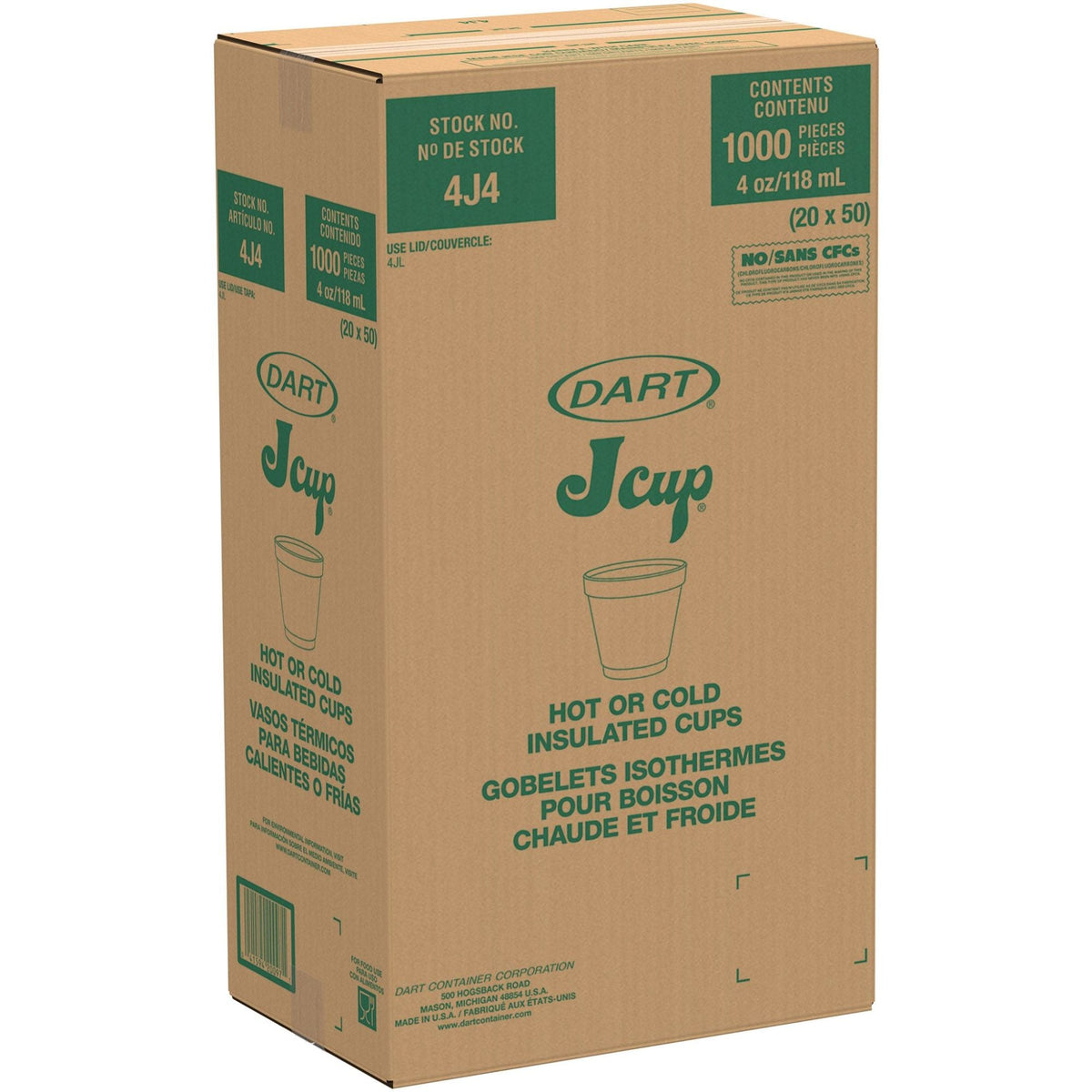 Dart 4 oz White Insulated Foam Cups, 1000 Count – 4J4 – case packaging