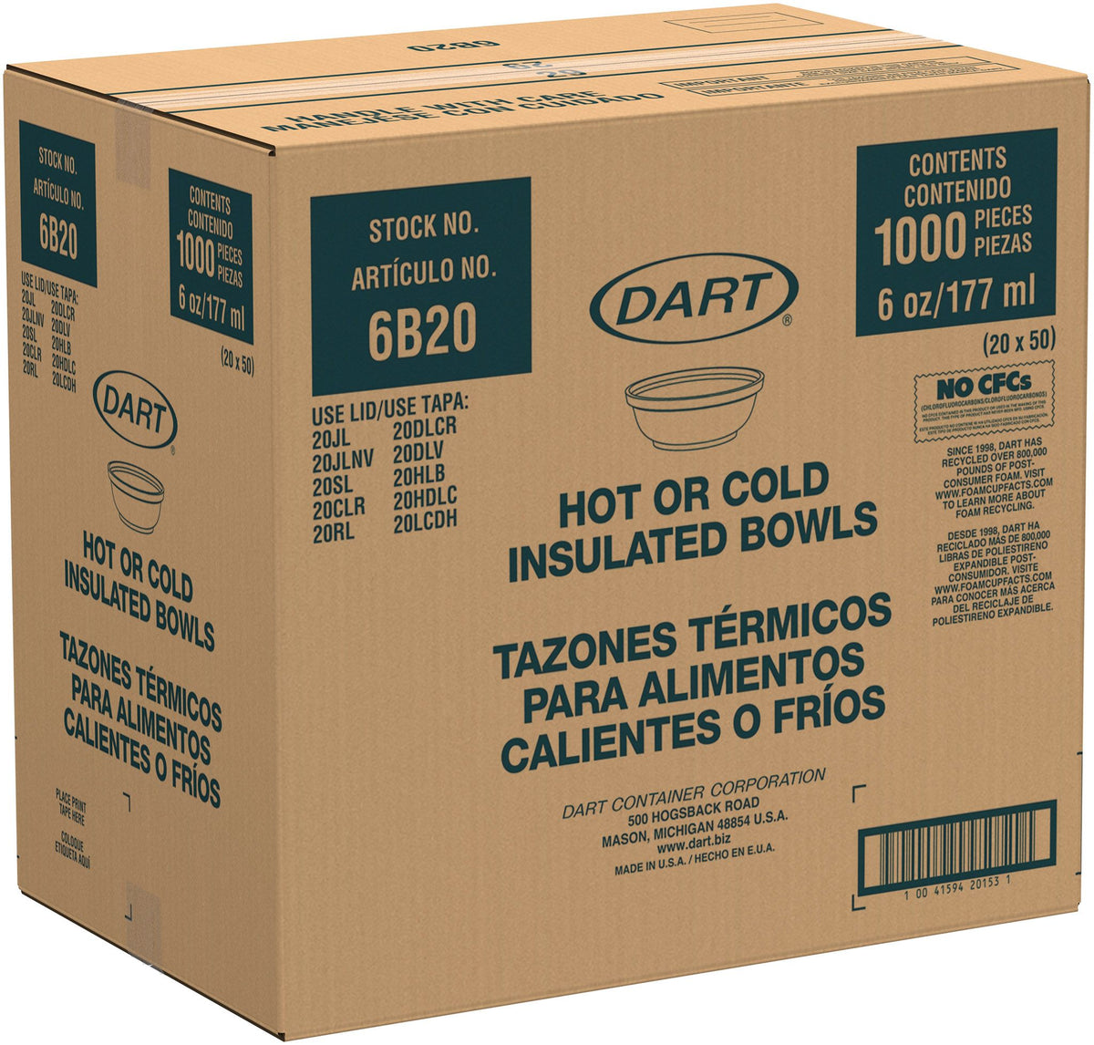 Dart 6 oz White Squat EPS Foam Bowl, 1,000 Count – 6B20