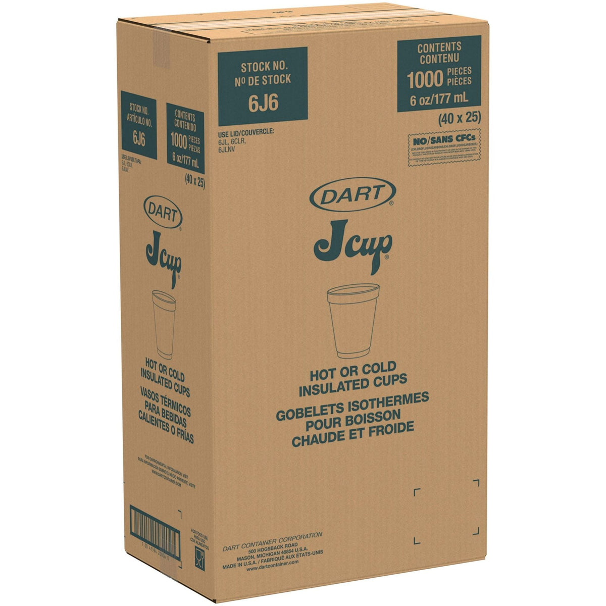Dart 6 oz White Insulated Foam Cups, 1000 Count – 6J6 – case packaging