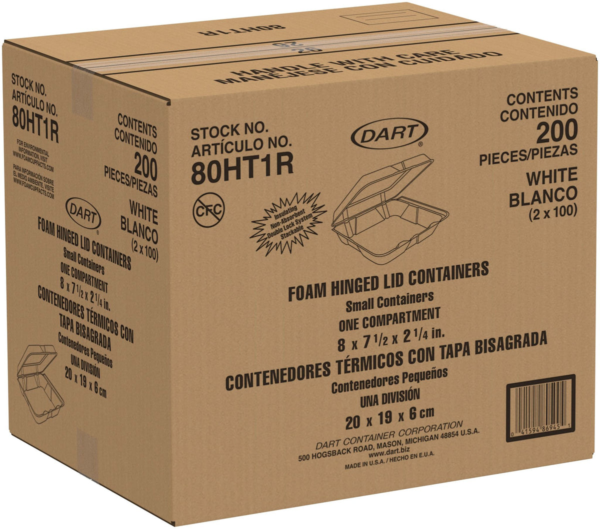 Dart 8 in White XPS Foam Containers, 200 Count – 80HT1R