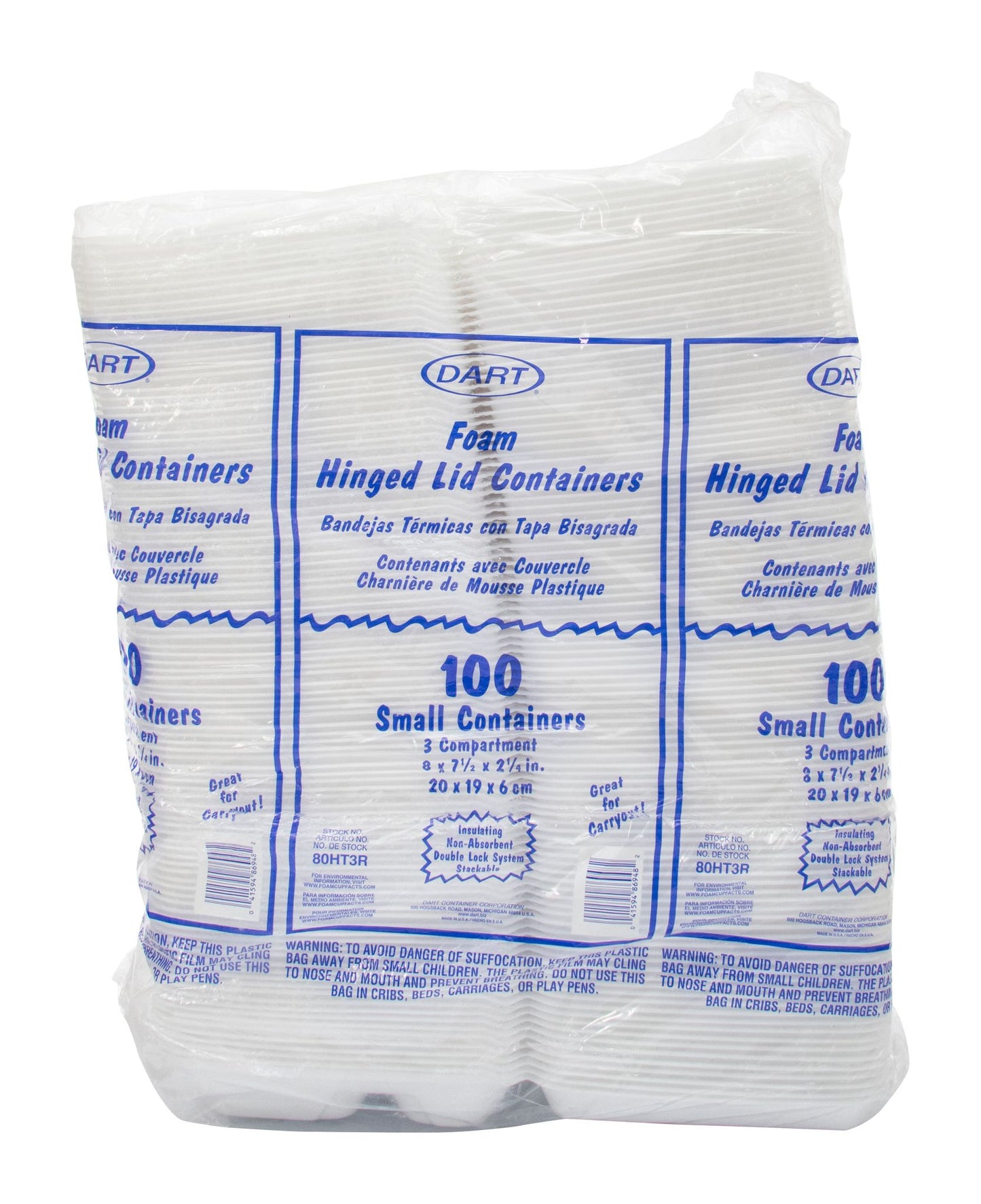 Dart 8 in White XPS Foam 3-Compartment Containers, 200 Count – 80HT3R