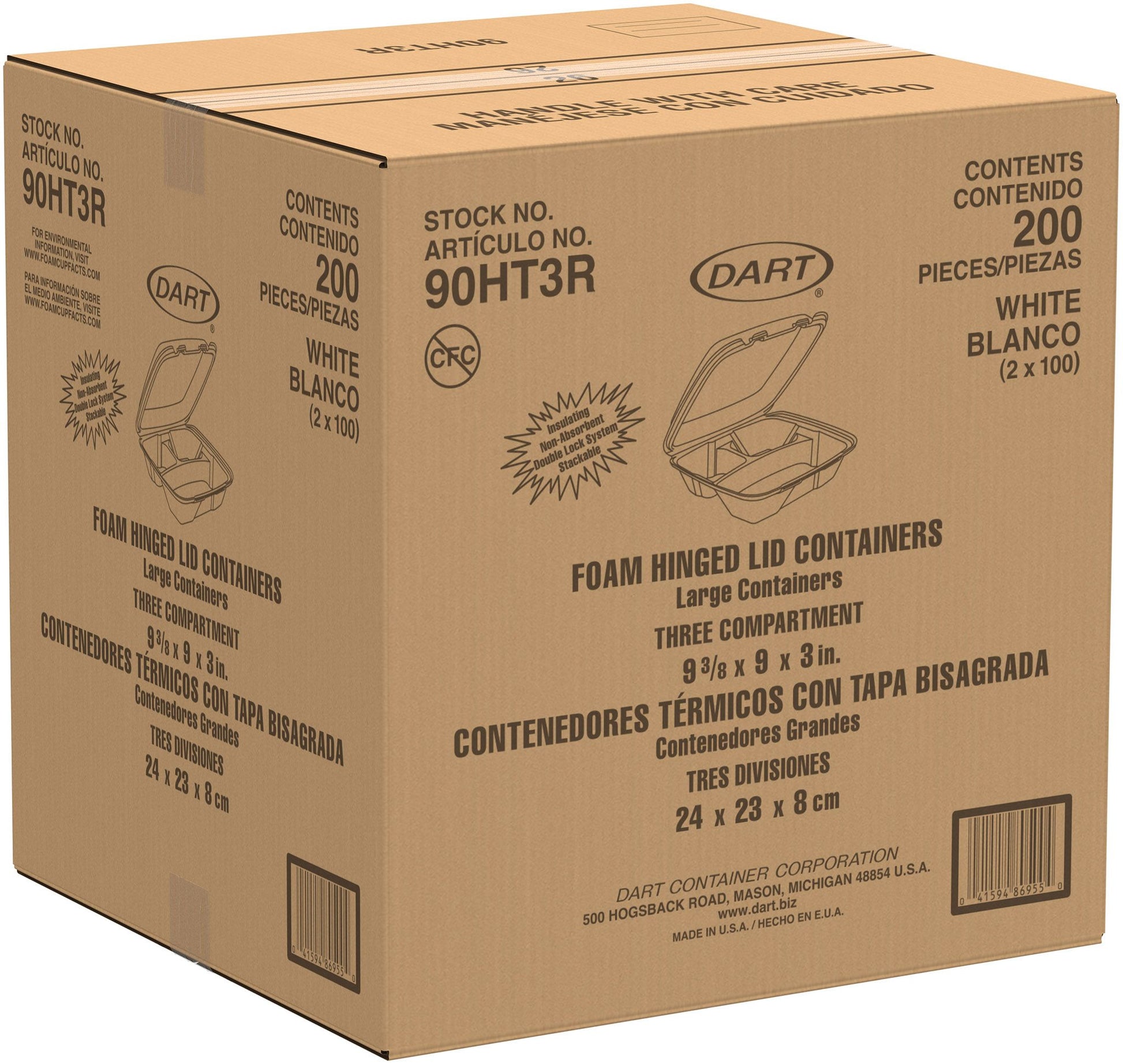 Dart 9 in White XPS Foam 3-Compartment Containers, 200 Count – 90HT3R