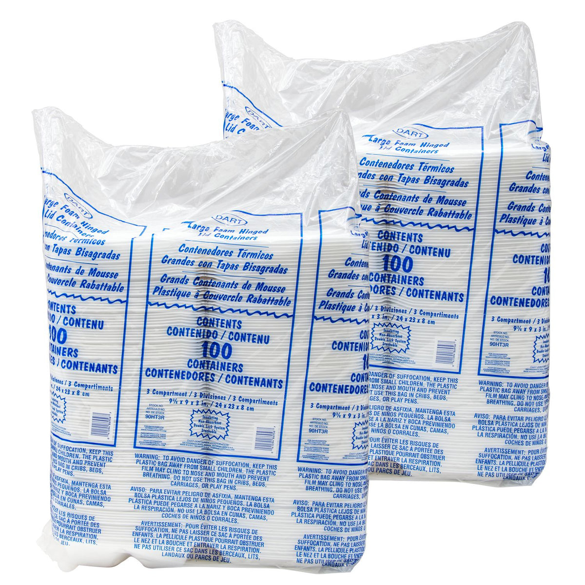 Dart 9 in White XPS Foam 3-Compartment Containers, 200 Count – 90HT3R