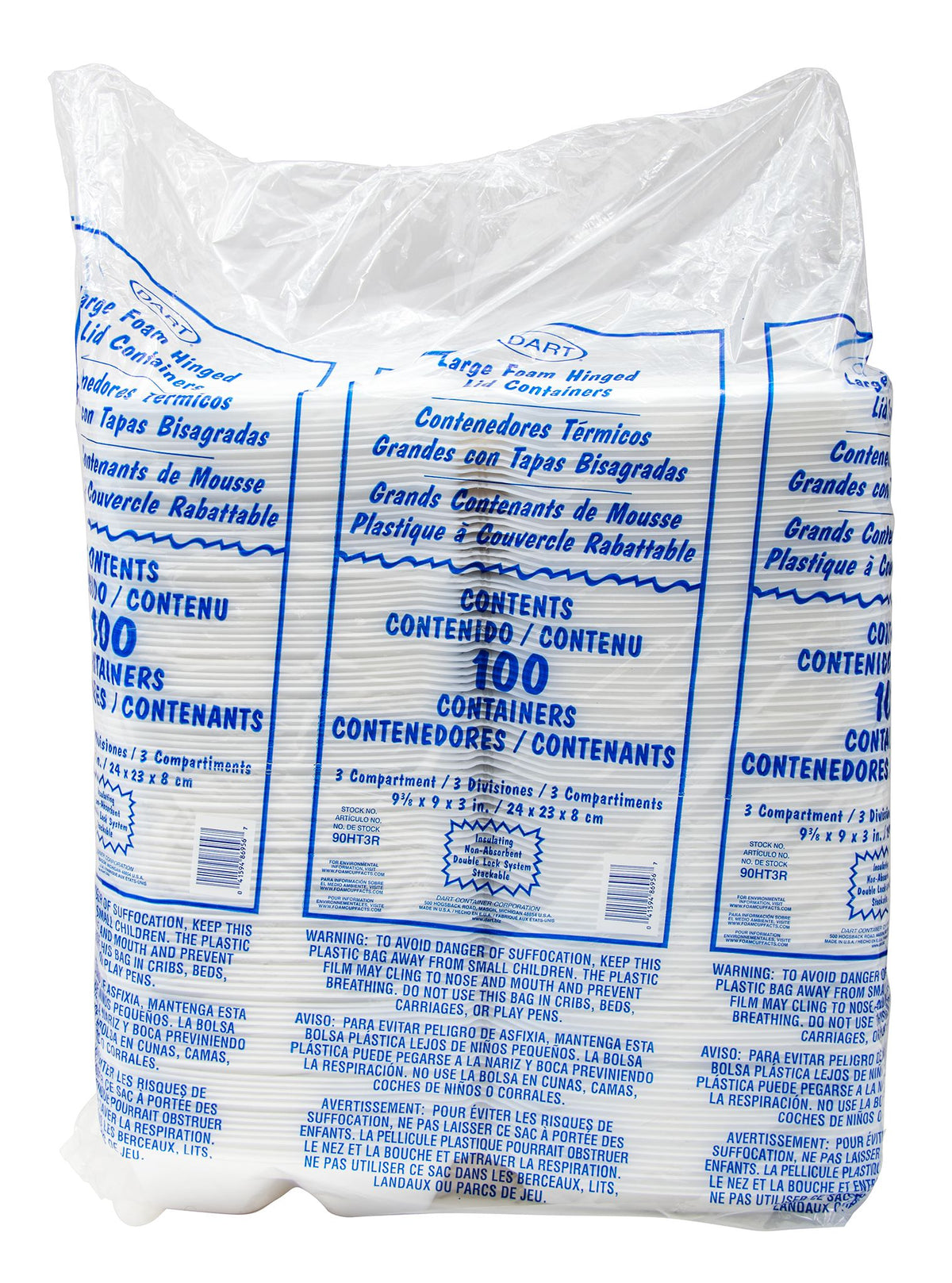 Dart 9 in White XPS Foam 3-Compartment Containers, 200 Count – 90HT3R