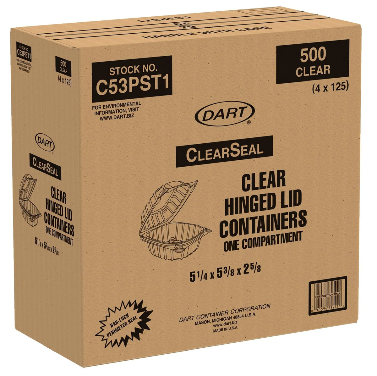 Dart 5 in Clear Hinged Sandwich Containers, 500 Count – C53PST1 – case packaging
