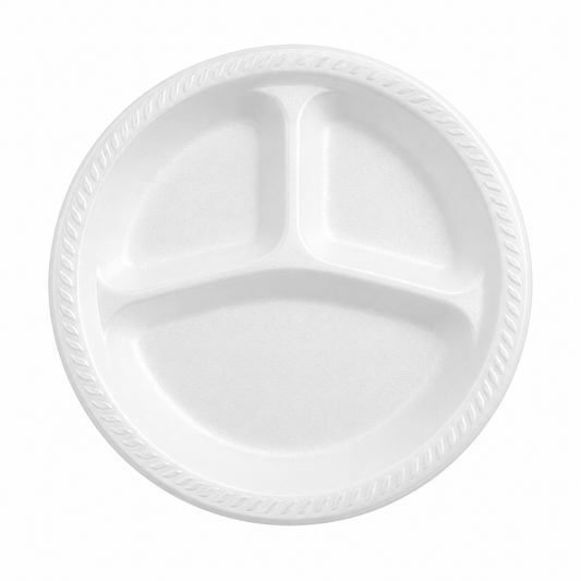 Dart 10.25 inch white three-compartment foam plate, 500 count – 10CPWCR