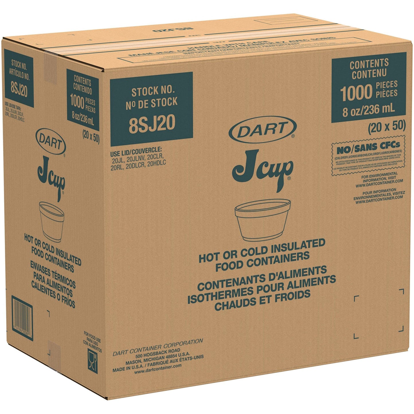 Insulated Foam Food Cup 8 oz 1000 Count - Squat White, Disposable | Dart 8SJ20