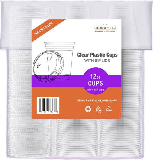 Large Party Plastic Cups with Strawless Sip Lids 12 oz 100 Count - Crystal Clear Disposable Party Cups