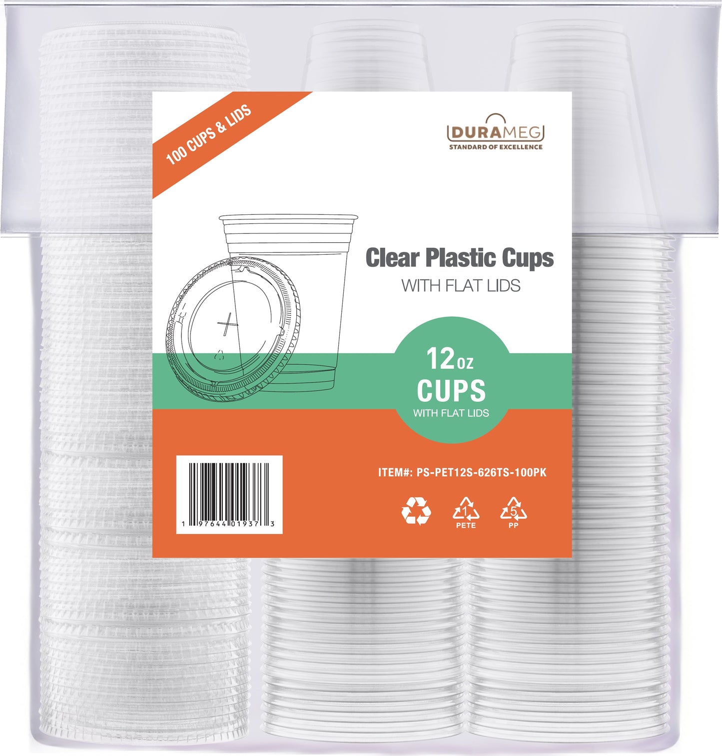 Large Party Plastic Cups with Straw-Slot Flat Lids 12 oz 100 Count - Crystal Clear Disposable Party Cups
