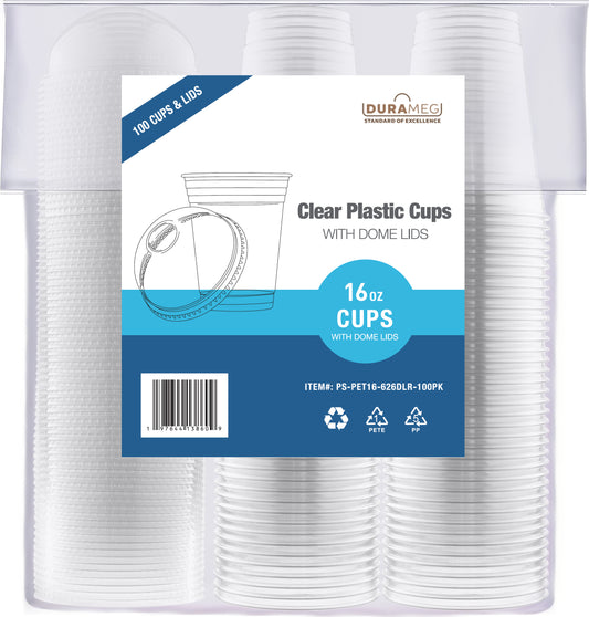 Large Party Plastic Cups with Dome Lids 16 oz 100 Count - Crystal Clear Disposable Cups