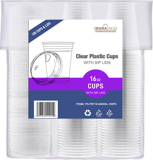 Large Party Plastic Cups with Strawless Sip Lids 16 oz 100 Count - Crystal Clear Disposable Party Cups