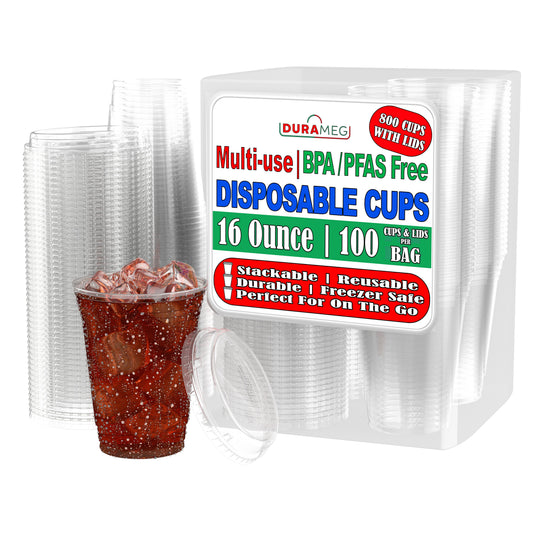 DURAMEG 16 oz Clear PET Cups with Strawless Sip Lids, 800 Count — main product image