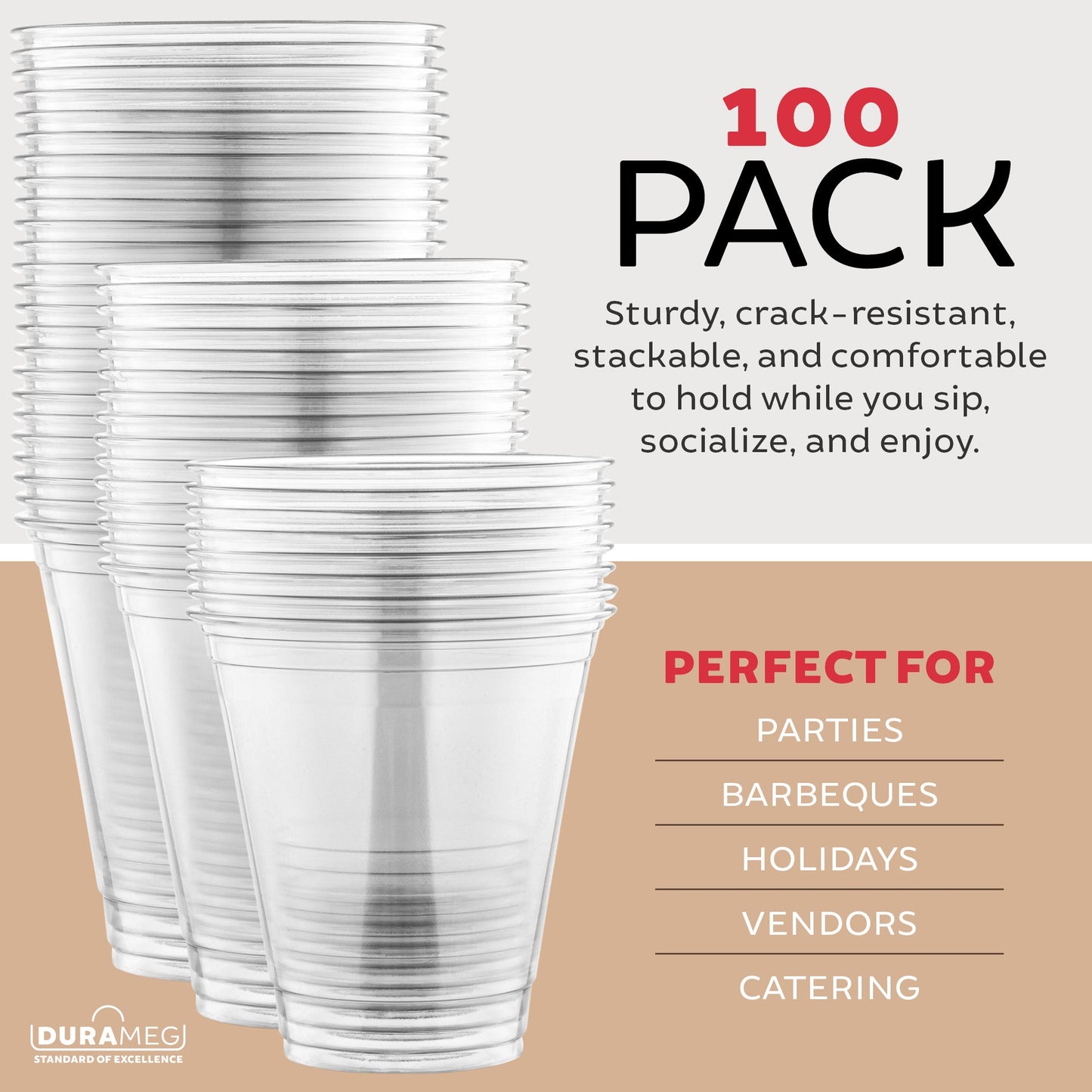 Large Party Plastic Cups with Straw-Slot Flat Lids 12 oz 100 Count - Crystal Clear Disposable Party Cups