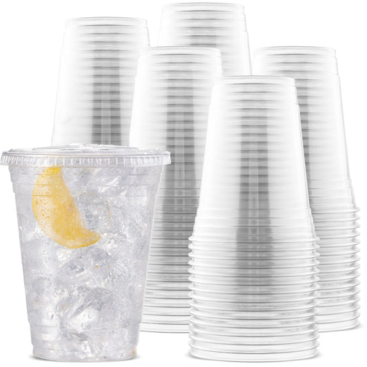 Large Party Plastic Cups with Straw-Slot Flat Lids 16 oz 100 Count - Crystal Clear Disposable Party Cups