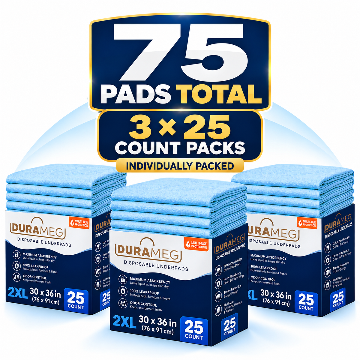 DURAMEG 75 disposable underpads packaged as three 25-count packs