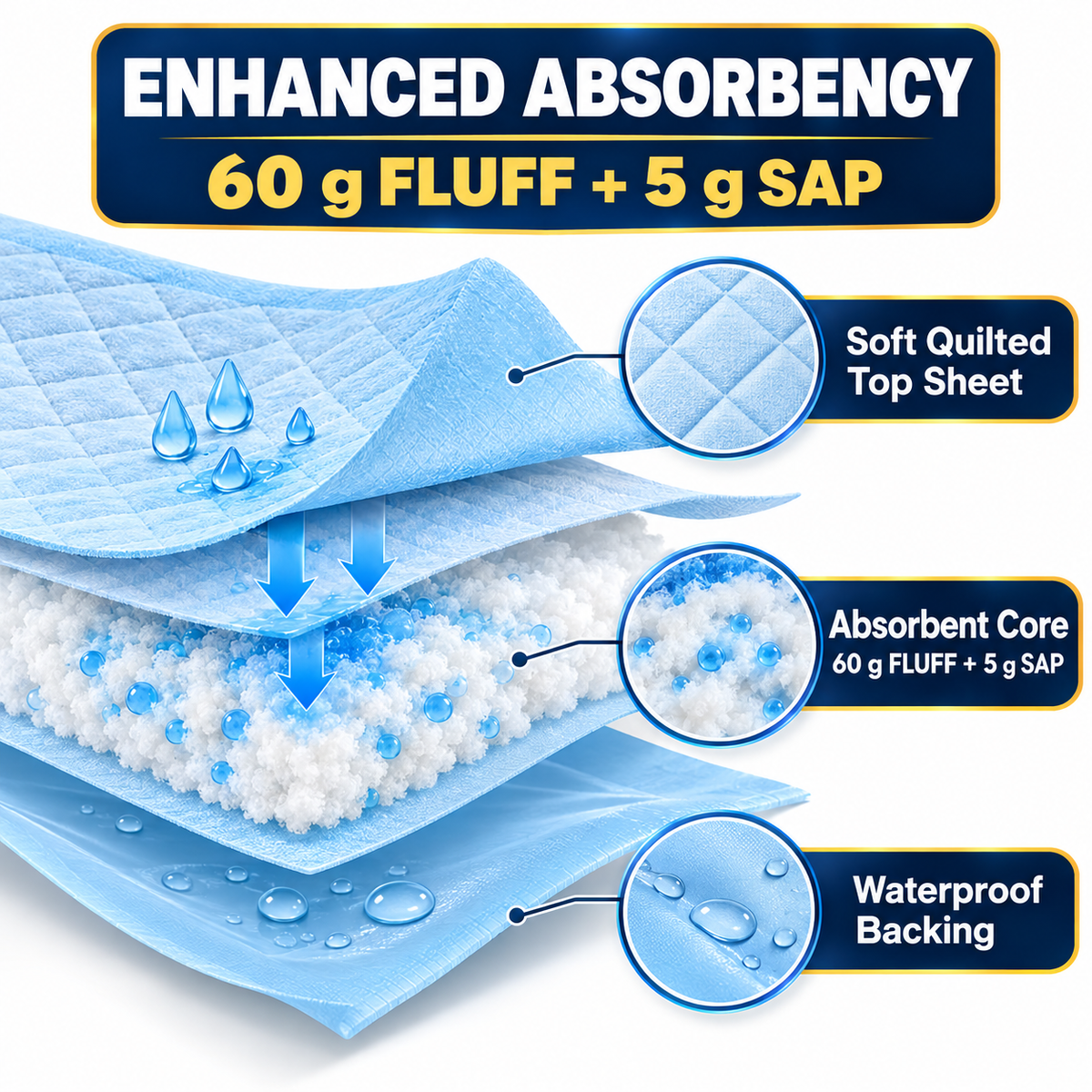 DURAMEG enhanced absorbency underpad with 60 gram fluff and 5 gram SAP core