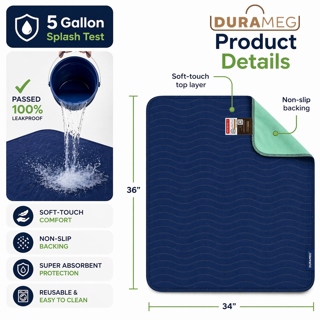 DURAMEG 34 x 36 washable underpad product details and 5 gallon splash test