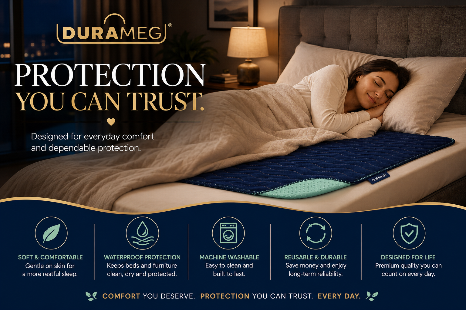 DURAMEG reusable adult bed pad providing soft waterproof overnight protection