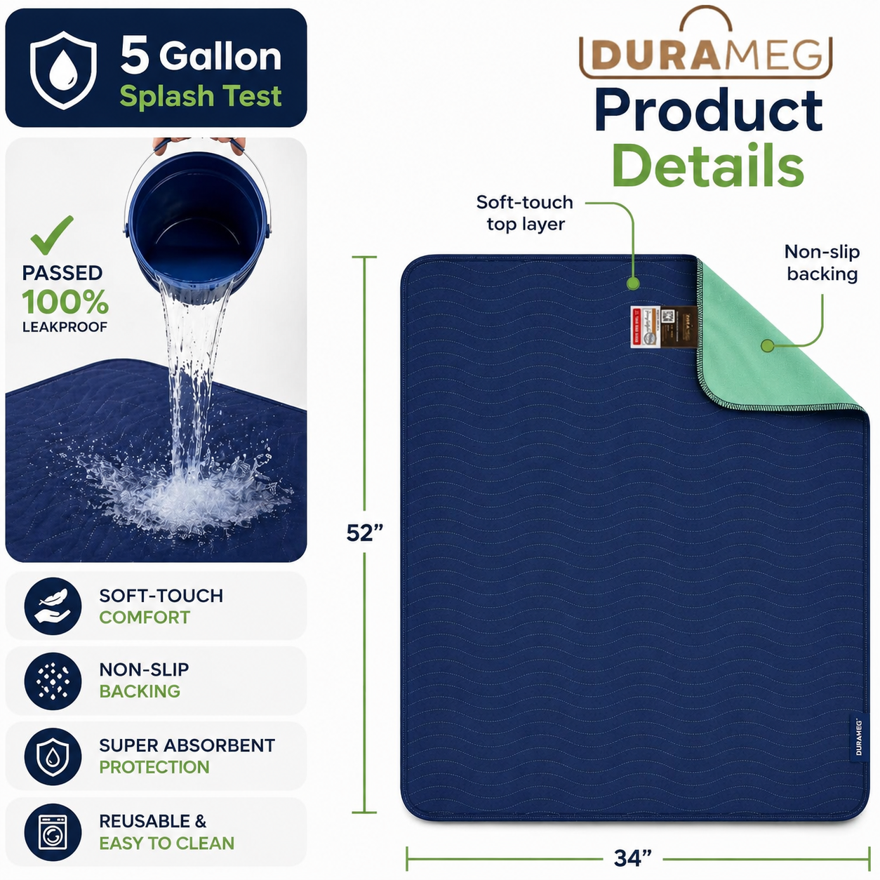 DURAMEG 34 x 52 adult washable underpad product details with soft top, absorbent protection and non-slip backing