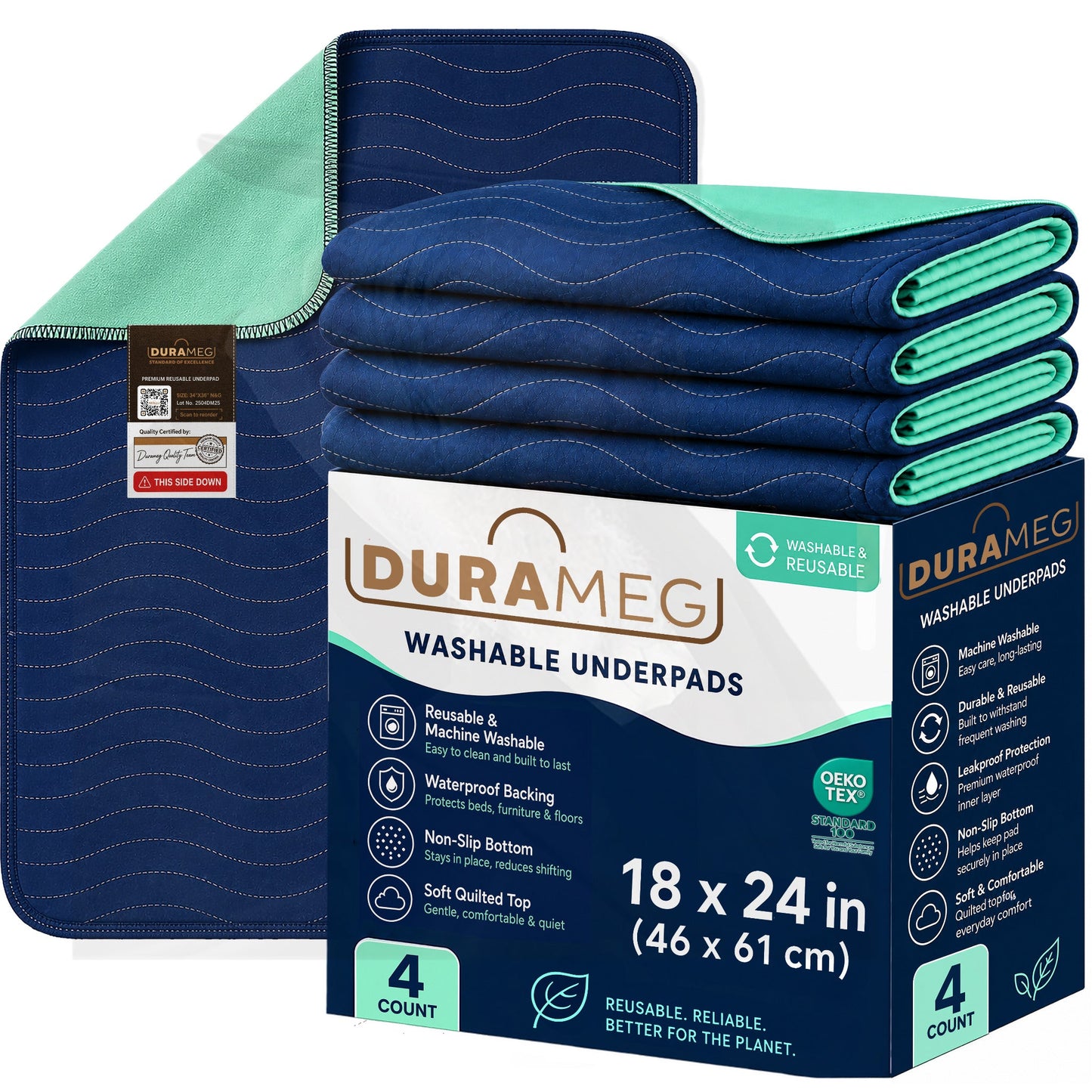 DURAMEG adult washable underpads 18 x 24 inch 4 pack navy and green