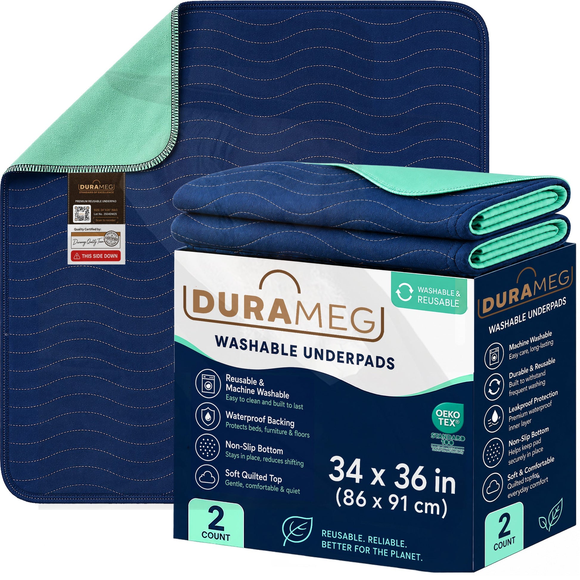 DURAMEG adult washable underpads 34 x 36 inch 2 pack navy and green