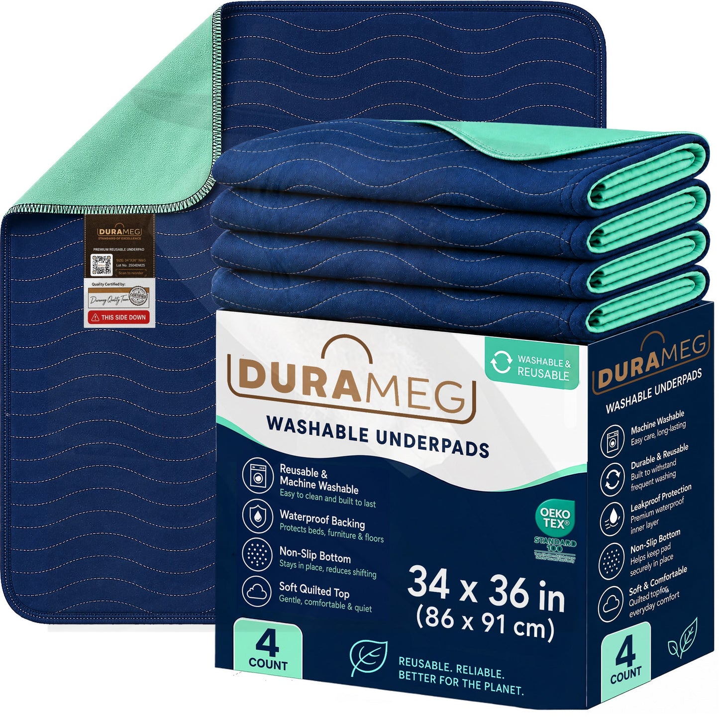 DURAMEG adult washable underpads 34 x 36 inch 4 pack in navy and green with retail packaging