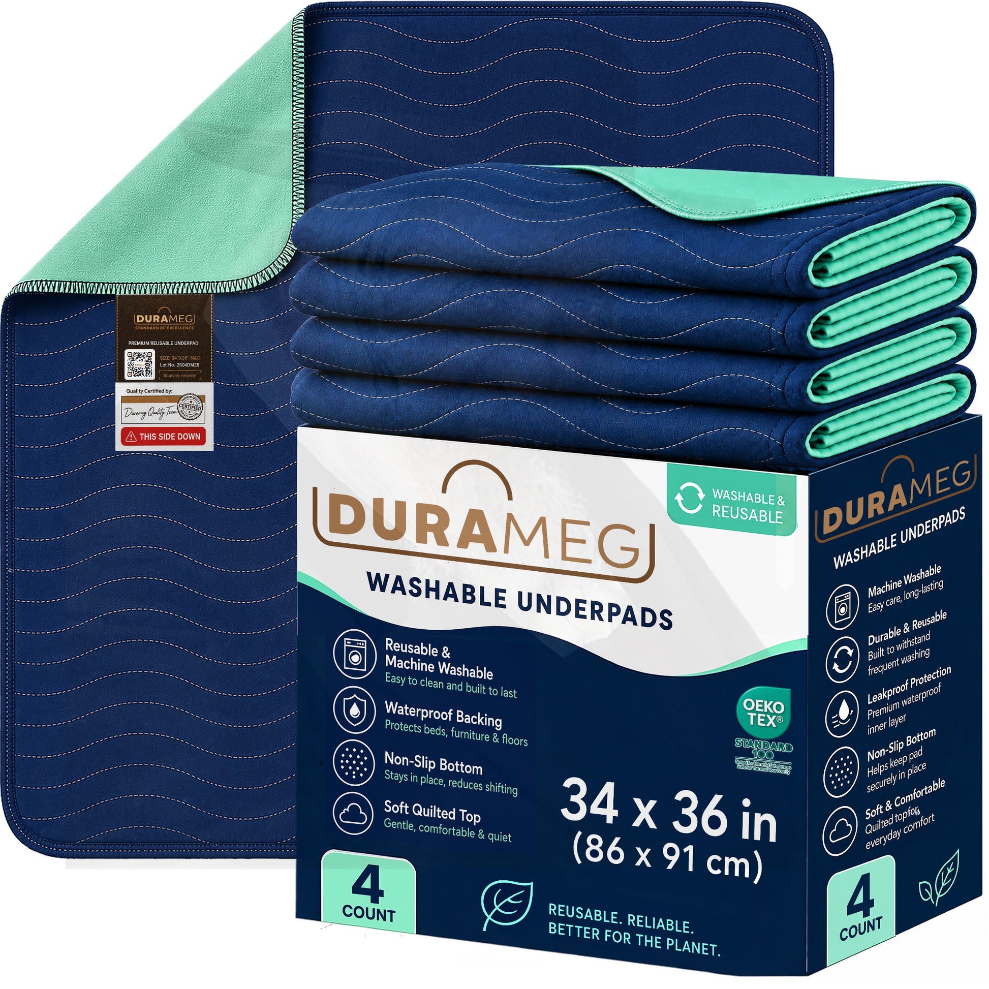 DURAMEG adult washable underpads 34 x 36 inch 4 pack in navy and green with retail packaging