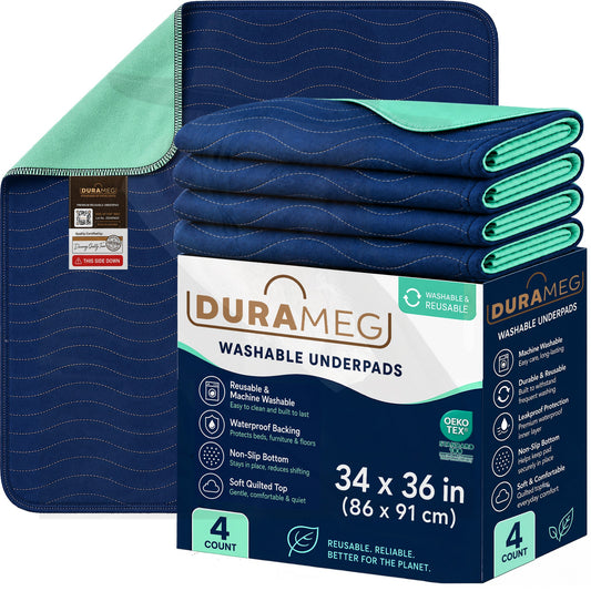 DURAMEG adult washable underpads 34 x 36 inch 4 pack in navy and green with retail packaging