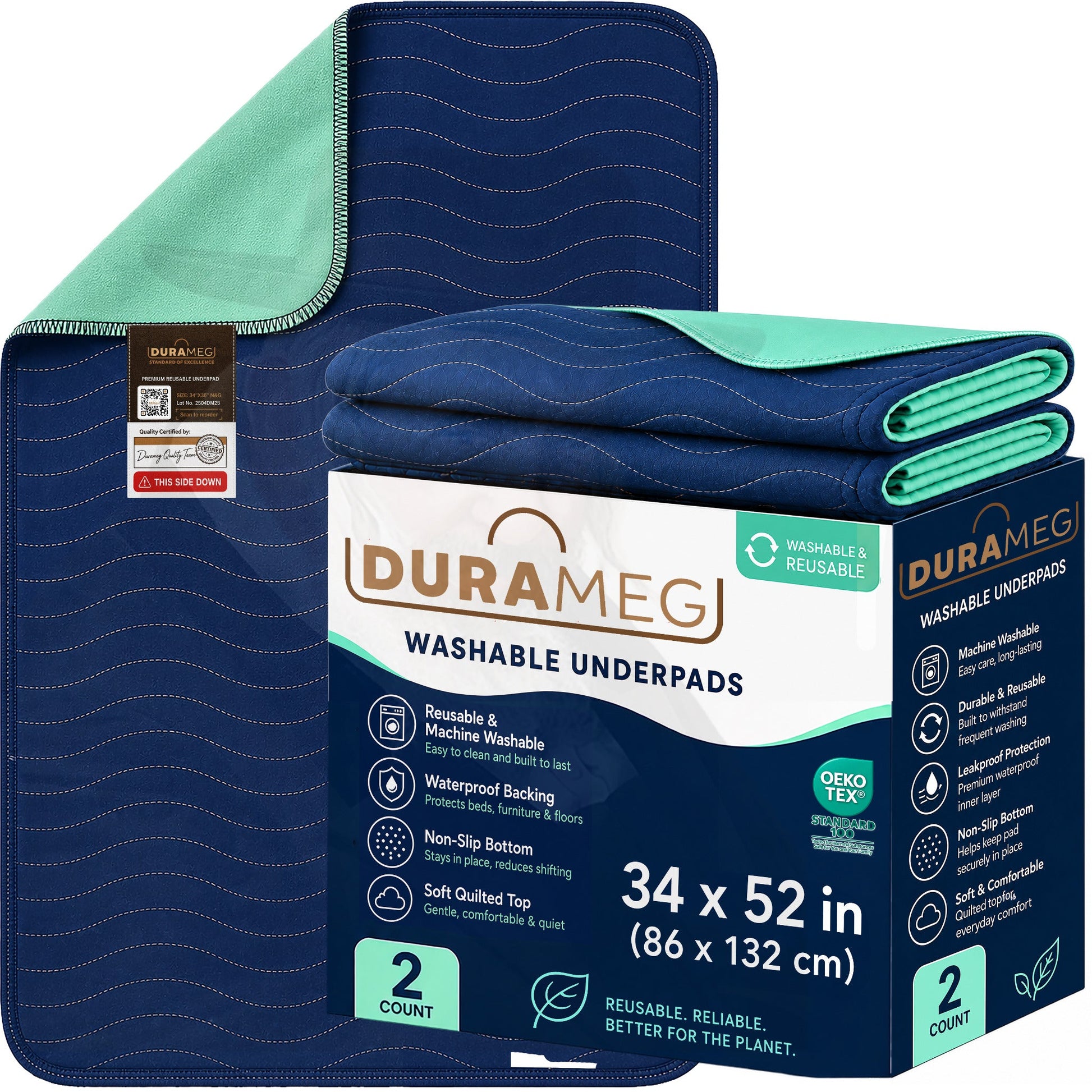 DURAMEG adult washable underpads 34 x 52 inch 2 pack in navy and green with retail packaging