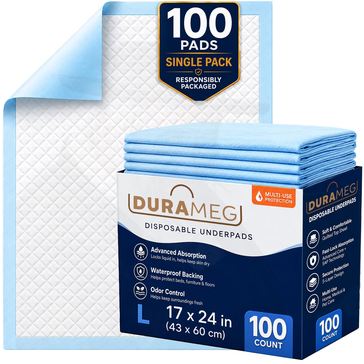 DURAMEG disposable underpads 17x24 inch, 100 count single pack with absorbent chux bed pads