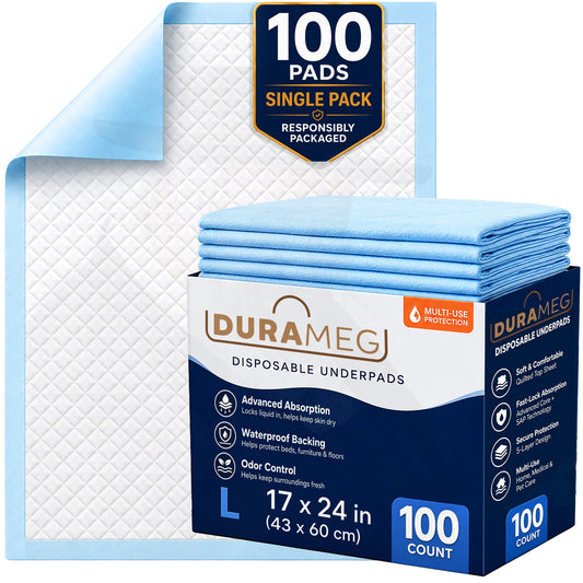 DURAMEG disposable underpads 17x24 inch, 100 count single pack with absorbent chux bed pads