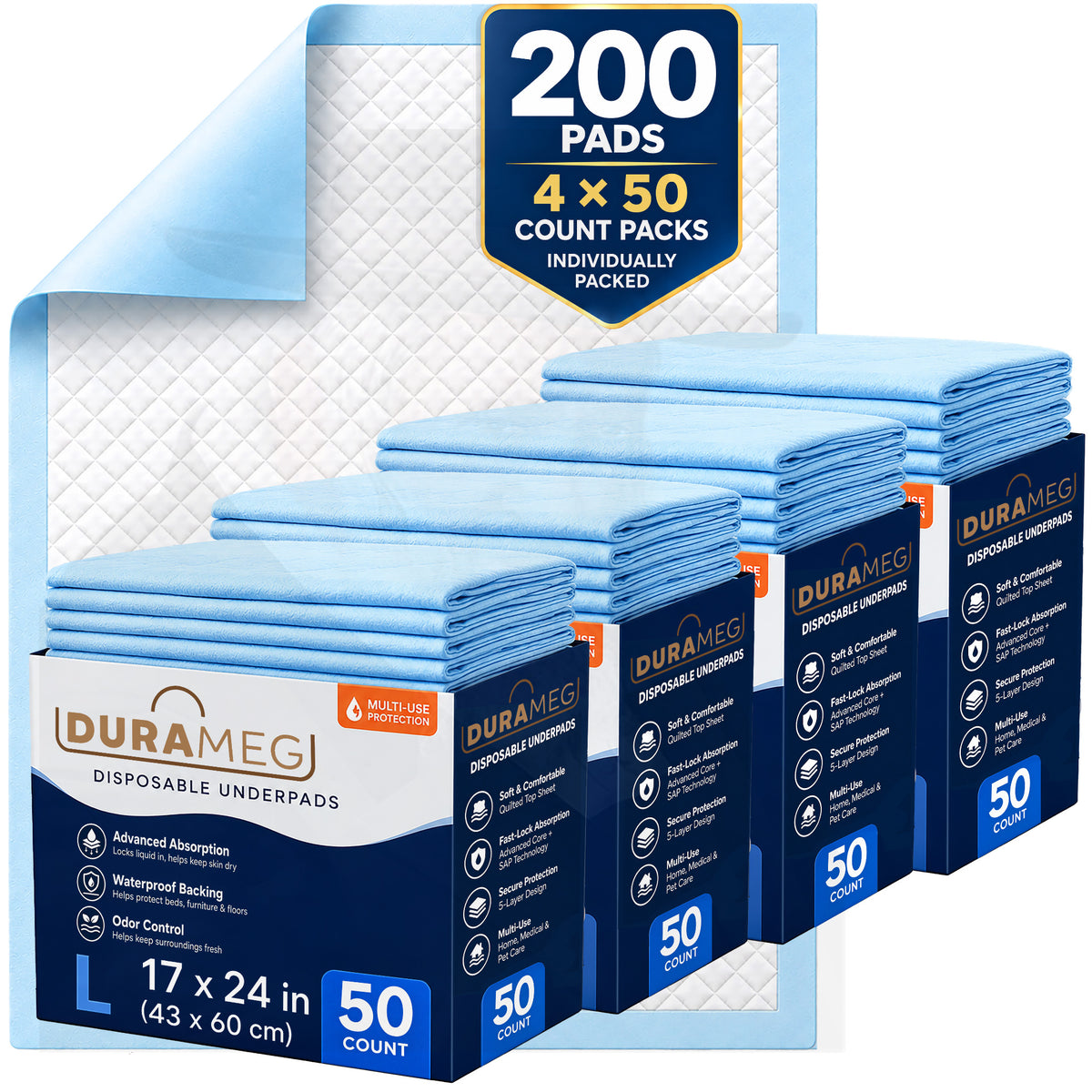 DURAMEG disposable underpads 17x24 inch, 200 count in four 50-count packs