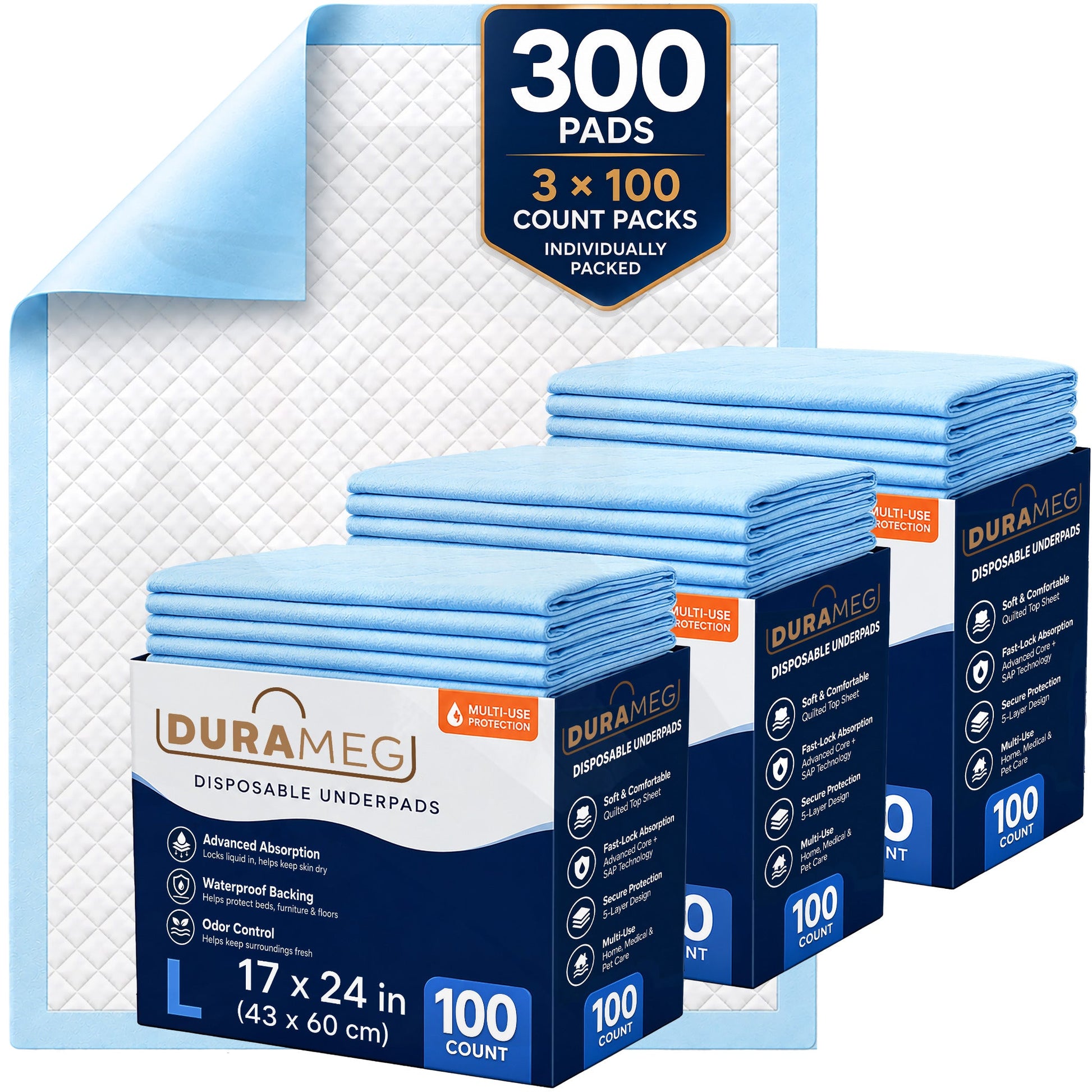 DURAMEG disposable underpads 17x24 inch, 300 count in three 100-count packs