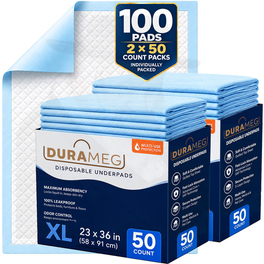 DURAMEG disposable underpads 23x36 inch, 100 count in two 50-count packs