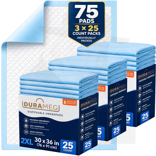 DURAMEG 30x36 disposable underpads, 75 pads in three 25-count packs
