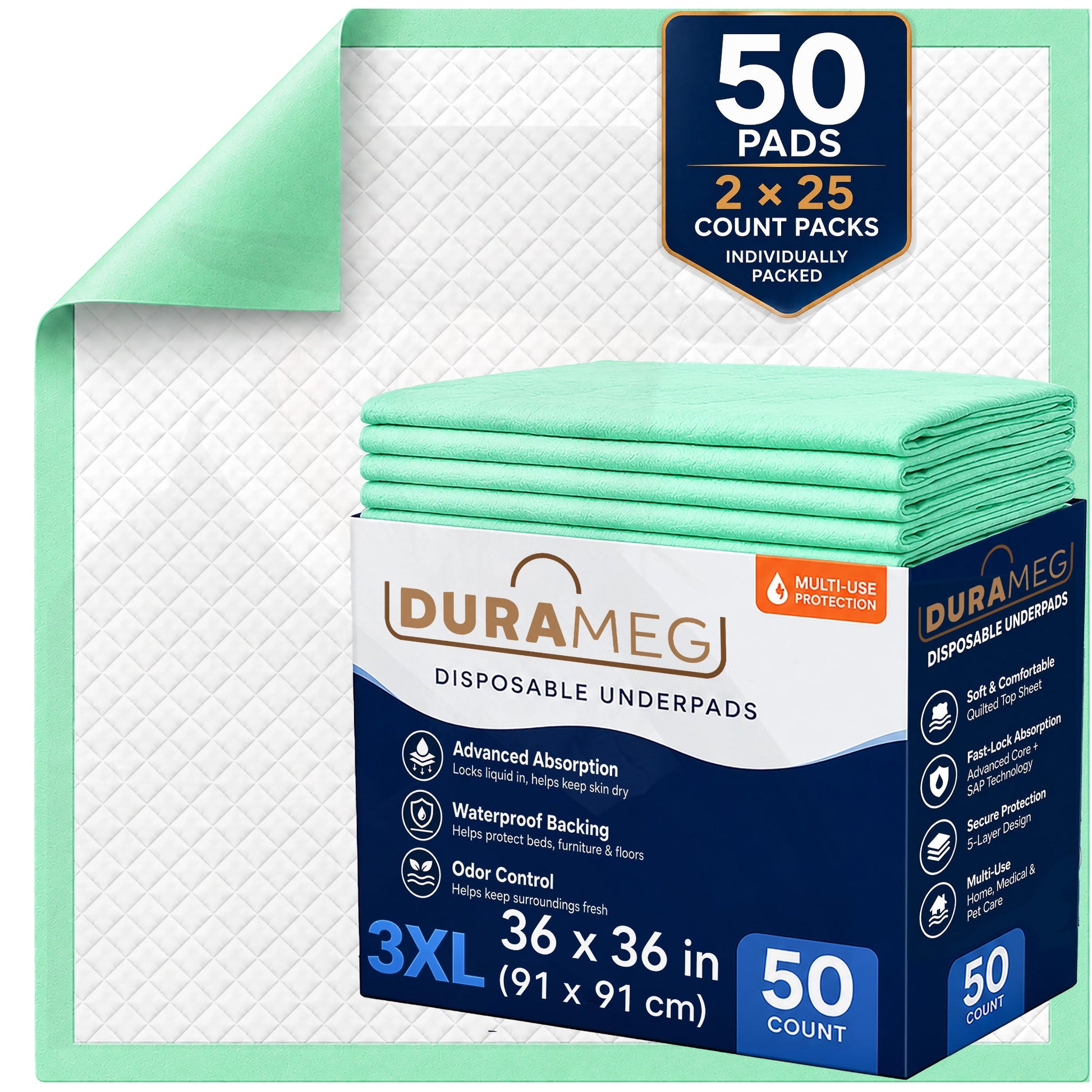 DURAMEG disposable underpads 36x36 inch, 50 count extra-heavy absorbency in two 25-count packs